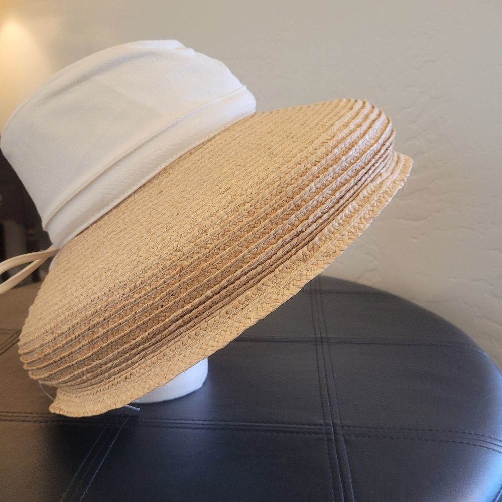 Scala Women's Natural Bell Brim Woven Sun Hat with White Canvas and Bow NEW - Picture 14 of 15